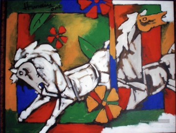  chevaux Peintre - MF Hussain Chevaux Indienne